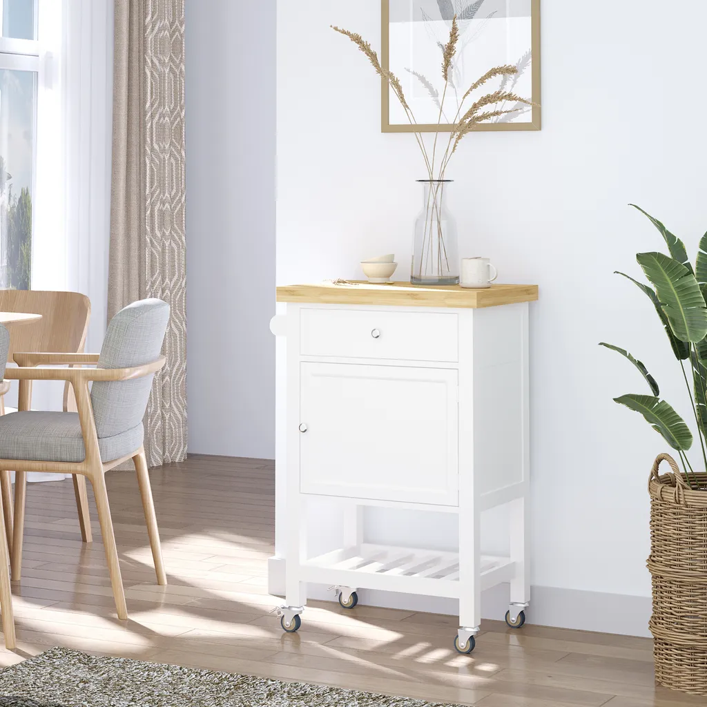 HOMCOM Küchenwagen Küchenrollwagen Servierwagen Mit Einer Schublade Geschlossenen Schrank Regalboden Und Handtuchhalter 4 Lenkrollen MDF Gummiholz Weiß+Eiche 63,5 X 40 X 90 Cm 2 HOMCOM Küchenwagen Küchenrollwagen Servierwagen Mit Einer Schublade Geschlossenen Schrank Regalboden Und Handtuchhalter 4 Lenkrollen MDF Gummiholz Weiß+Eiche 63,5 X 40 X 90 Cm – Bild 2