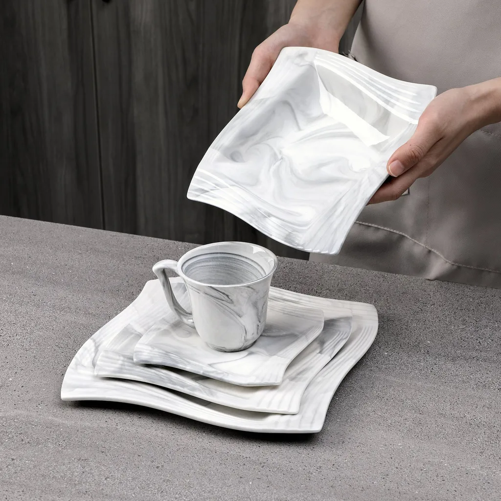 MALACASA, AMPARO 30 Tlg. Marmor Porzellan Geschirrset Kombiservice Tafelservice Mit Kaffeetassen, Unterteller, Dessertteller, Suppenteller, Speiseteller Für 6 Personen 3 MALACASA, AMPARO 30 Tlg. Marmor Porzellan Geschirrset Kombiservice Tafelservice Mit Kaffeetassen, Unterteller, Dessertteller, Suppenteller, Speiseteller Für 6 Personen – Bild 3