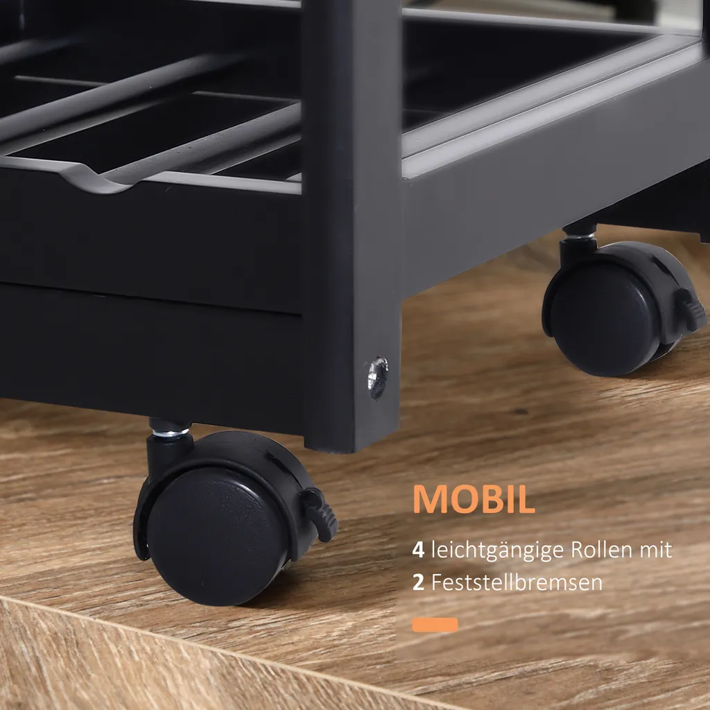 HOMCOM Küchenwagen Servierwagen Mit Ausziehbarem Korb Schublade Küchenrollwagen Weinablage Küchentrolley Holz Schwarz 74 X 37 X 76 Cm 5 HOMCOM Küchenwagen Servierwagen Mit Ausziehbarem Korb Schublade Küchenrollwagen Weinablage Küchentrolley Holz Schwarz 74 X 37 X 76 Cm – Bild 5