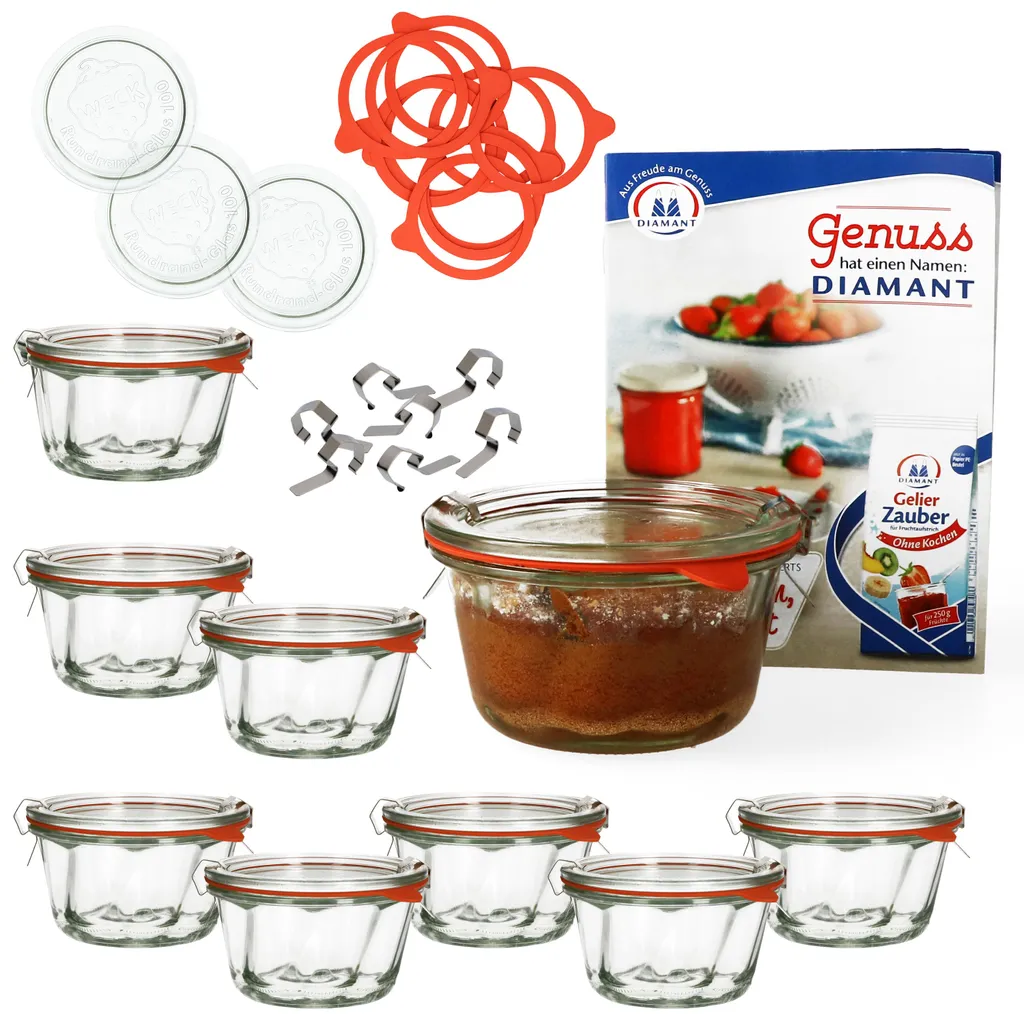 9er Set WECK 9x Gugelhupf Glas-Form 280 Ml + 9x Einmach-Zubehör + Rezeptheft 1 9er Set WECK 9x Gugelhupf Glas-Form 280 Ml + 9x Einmach-Zubehör + Rezeptheft
