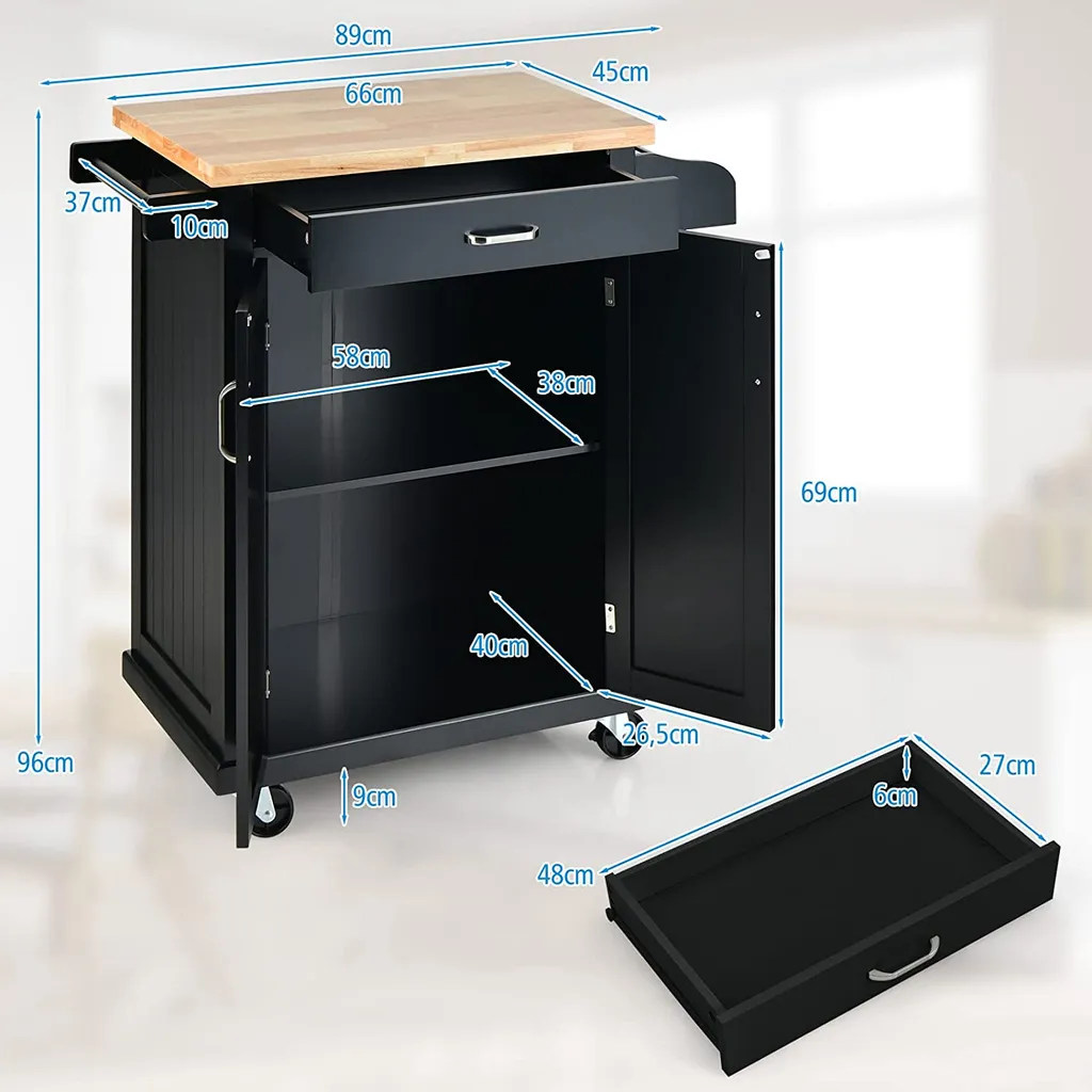 COSTWAY Küchenwagen Auf Rollen, Servierwagen Mit Arbeitsplatte & Handtuchhalter & Schublade & Gewürzregal, Kücheninsel Holz, Küchenschrank Rollbar, Für Küche, Esszimmer Und Bar (Schwarz) 7 COSTWAY Küchenwagen Auf Rollen, Servierwagen Mit Arbeitsplatte & Handtuchhalter & Schublade & Gewürzregal, Kücheninsel Holz, Küchenschrank Rollbar, Für Küche, Esszimmer Und Bar (Schwarz) – Bild 7