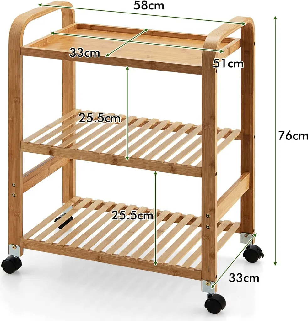 COSTWAY Servierwagen Mit 3 Ablagen, Griffen & Abnehmbarem Rollen, Küchenwagen Bambus Auf Rädern, Mobiler Allzweckwagen Rollwagen Lagerregal Für Küche, Flur & Bad, 58 X 33 X 76 Cm 6 COSTWAY Servierwagen Mit 3 Ablagen, Griffen & Abnehmbarem Rollen, Küchenwagen Bambus Auf Rädern, Mobiler Allzweckwagen Rollwagen Lagerregal Für Küche, Flur & Bad, 58 X 33 X 76 Cm – Bild 6