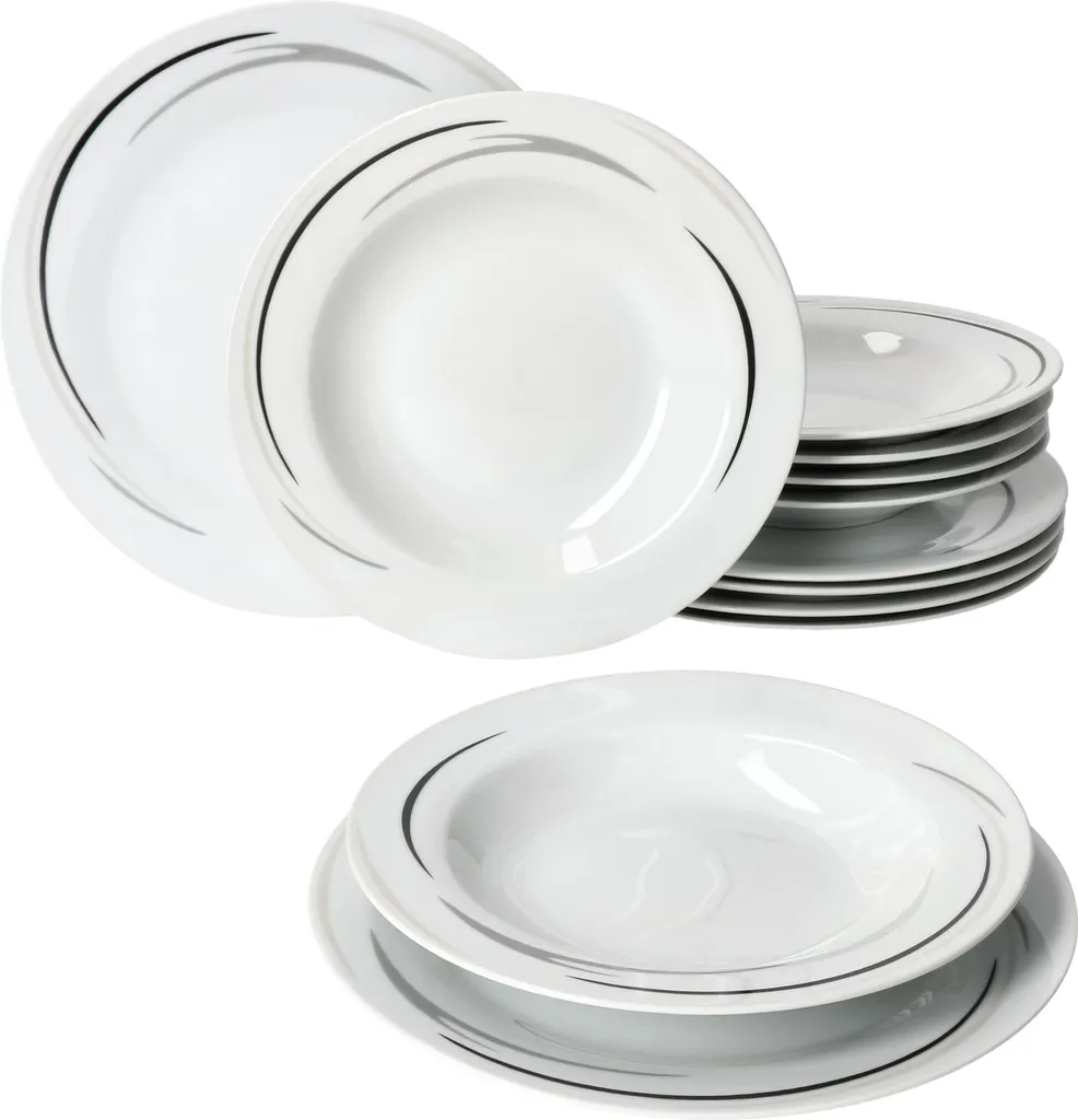 12tlg Tafel-Service Home Suppenteller Speiseteller Streifen Porzellan-Geschirr 2 12tlg Tafel-Service Home Suppenteller Speiseteller Streifen Porzellan-Geschirr – Bild 2