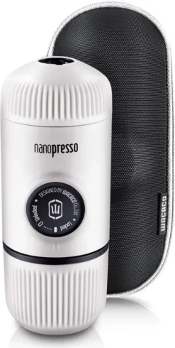 WACACO Nanopresso Tragbare Espressomaschine, Mit Nanopresso-Etui, Upgrade-Version Von Minipresso, Reisekaffeemaschine, Kaffee-To-Go, Manuell Betrieben, Weiß, Nachhaltig