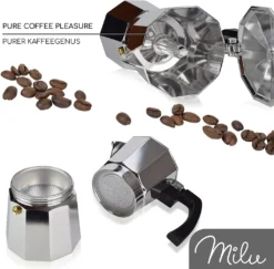 Milu Espressokocher (No Induktion) | 2, 3, 6, 9 Tassen | Aluminium Mokkakanne, Espressokanne, Espresso Maker Set Inkl. Untersetzer, Löffel, Bürste (Aluminium, 4 Tassen (300ml) -Küche Produkt Geschäft 463a2ffb24bc2924b4d03050d7b07e61
