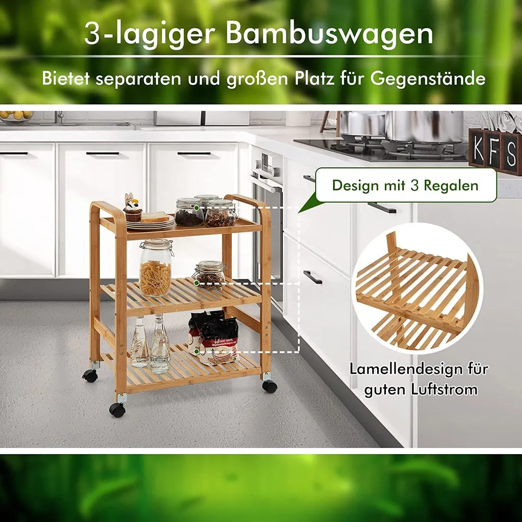 COSTWAY Servierwagen Mit 3 Ablagen, Griffen & Abnehmbarem Rollen, Küchenwagen Bambus Auf Rädern, Mobiler Allzweckwagen Rollwagen Lagerregal Für Küche, Flur & Bad, 58 X 33 X 76 Cm 3 COSTWAY Servierwagen Mit 3 Ablagen, Griffen & Abnehmbarem Rollen, Küchenwagen Bambus Auf Rädern, Mobiler Allzweckwagen Rollwagen Lagerregal Für Küche, Flur & Bad, 58 X 33 X 76 Cm – Bild 3