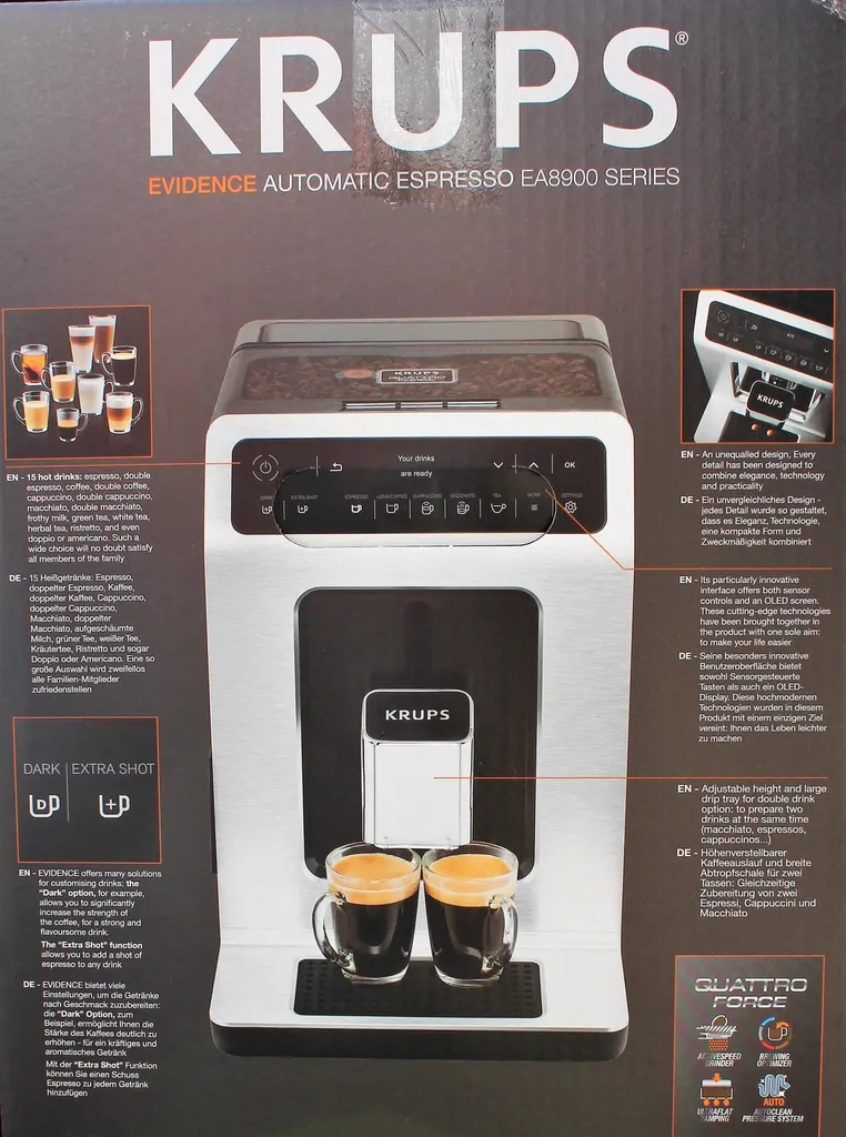 Krups EA891D Evidence Kaffeevollautomat - 2,3L, OLED-Bedienfeld Mit Touchcreen, Edelstahl-Kegelmahlwerk 1450W, Metall 3 Krups EA891D Evidence Kaffeevollautomat - 2,3L, OLED-Bedienfeld Mit Touchcreen, Edelstahl-Kegelmahlwerk 1450W, Metall – Bild 3