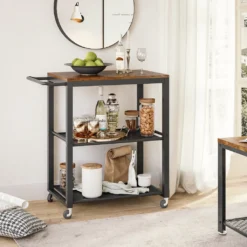 Meerveil Vintage Servierwagen Auf 4 Rollen, Küchenwagen Mit 3 Ebenen, Küchenregal Aus Stabiles Metallgestell, , Rollewagen Mit 2 Gitterebenen, Nachttisch