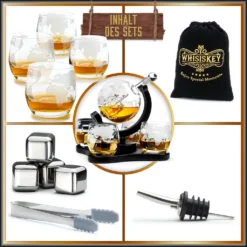 Whisiskey - Whisky Karaffe - Geschenke Für Männer - Komplette Whiskey Set - Globus - 900ML – Inkl. 4 Whisky Steine, 4 Whisky Gläser & Ausgießer - Whisky Dekanter – Whiskygläser - Natursteine -Küche Produkt Geschäft 5925e7c4ae6b11b2dd1ff824ec6d6a7b