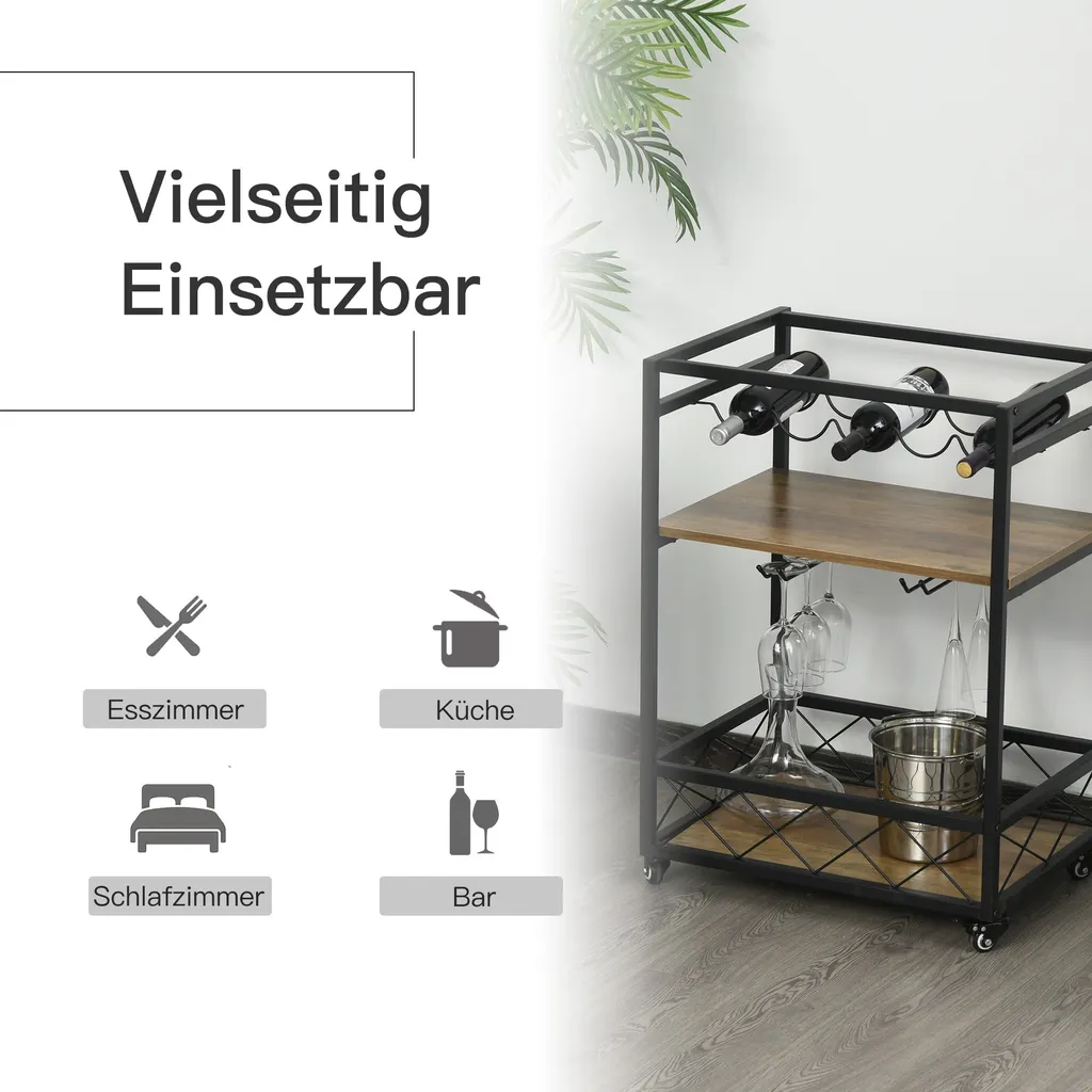 HOMCOM Rollwagen Servierwagen Auf Rollen, Küchenwagen Mit Weinregal Und Glashalter, Mit Bremsen, Metall, 77 X 44,5 X 91 Cm 4 HOMCOM Rollwagen Servierwagen Auf Rollen, Küchenwagen Mit Weinregal Und Glashalter, Mit Bremsen, Metall, 77 X 44,5 X 91 Cm – Bild 4