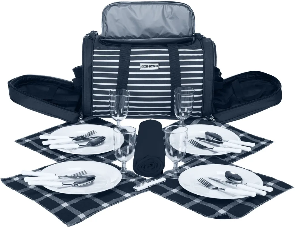 Anndora Picknick Kühltasche + Decke + Zubehör - Blau Weiß Gestreift - Blau 2 Anndora Picknick Kühltasche + Decke + Zubehör - Blau Weiß Gestreift - Blau – Bild 2