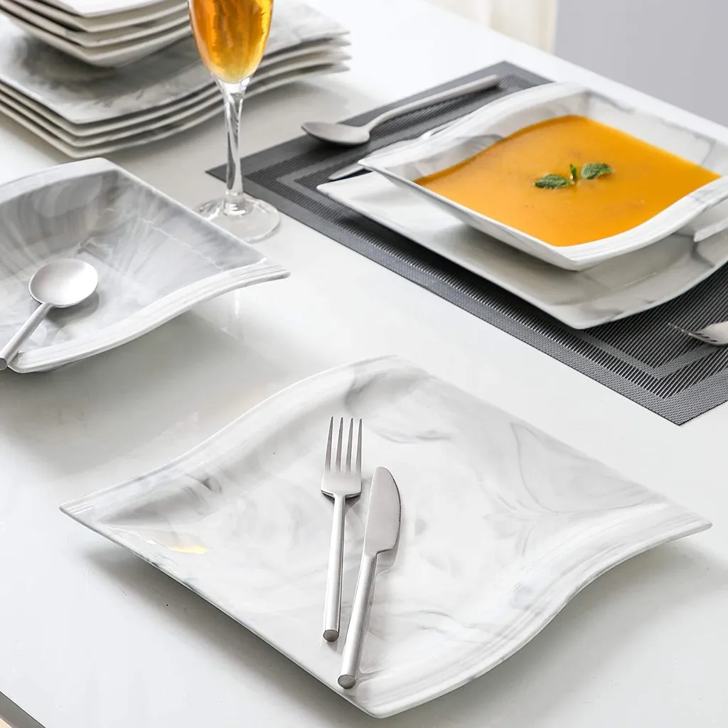 MALACASA, Serie Flora, Marmor Porzellan Tafelservice 24 Teiligen Set Kombiservice Geschirrset Mit 12 Speiseteller Und 12 Suppenteller Für 12 Personen 6 MALACASA, Serie Flora, Marmor Porzellan Tafelservice 24 Teiligen Set Kombiservice Geschirrset Mit 12 Speiseteller Und 12 Suppenteller Für 12 Personen – Bild 6