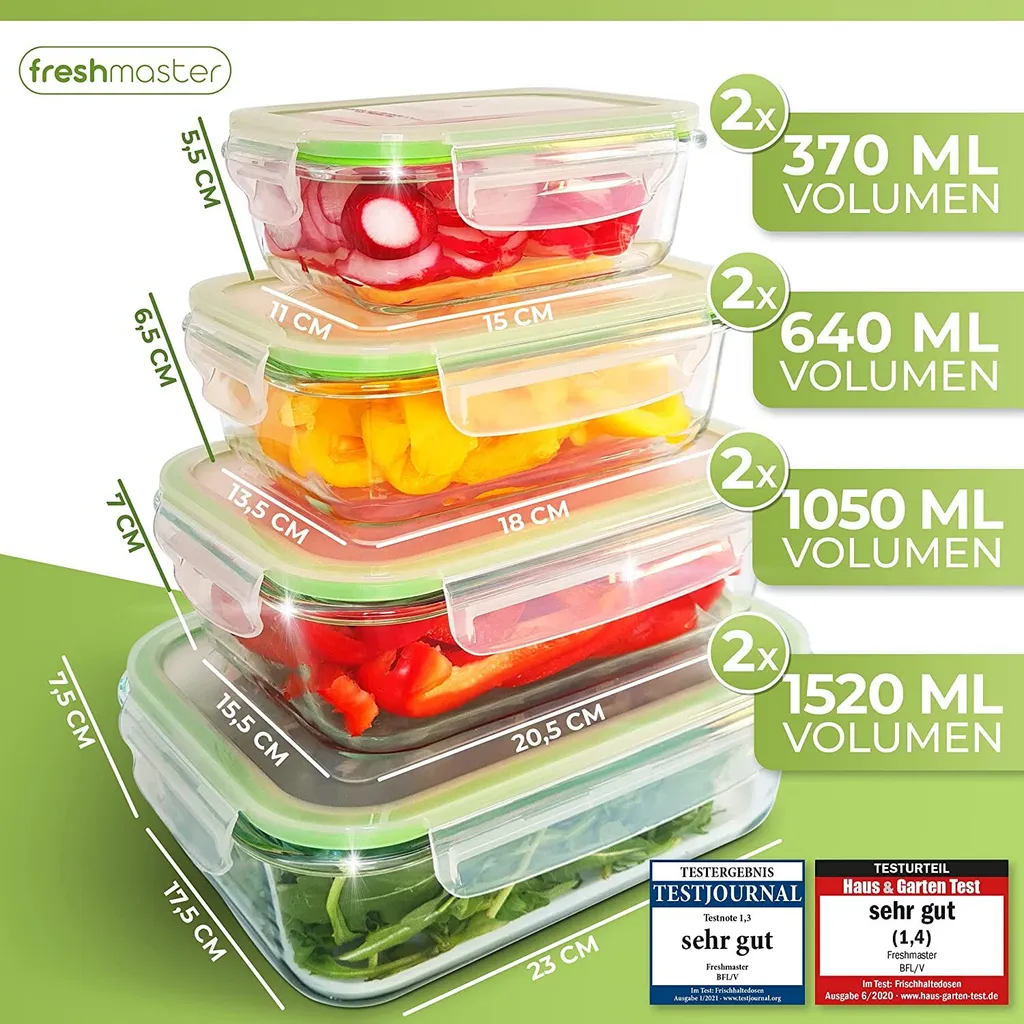 Fresh Master Frischhaltedosen Set 16-tlg. Borosililatglas, (2 X 370 Ml, 2 X 640 Ml, 2 X 1.050 Ml, 2 X 1.520 Ml Frischhaltedose Mit Deckel) 2 Fresh Master Frischhaltedosen Set 16-tlg. Borosililatglas, (2 X 370 Ml, 2 X 640 Ml, 2 X 1.050 Ml, 2 X 1.520 Ml Frischhaltedose Mit Deckel) – Bild 2