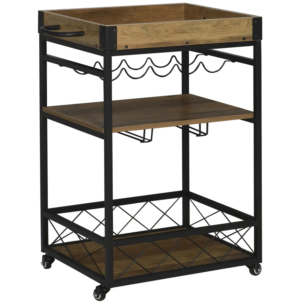 HOMCOM Rollwagen Servierwagen Auf Rollen, Küchenwagen Mit Weinregal Und Glashalter, Mit Bremsen, Metall, 77 X 44,5 X 91 Cm 1 HOMCOM Rollwagen Servierwagen Auf Rollen, Küchenwagen Mit Weinregal Und Glashalter, Mit Bremsen, Metall, 77 X 44,5 X 91 Cm
