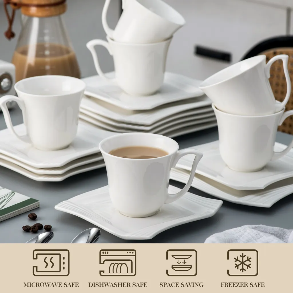 MALACASA, Serie Amparo, 36 Teilig Set Cremeweiß Porzellan Kaffeeservice Dessertteller Kaffeetasse Mit Untertasse 3 MALACASA, Serie Amparo, 36 Teilig Set Cremeweiß Porzellan Kaffeeservice Dessertteller Kaffeetasse Mit Untertasse – Bild 3