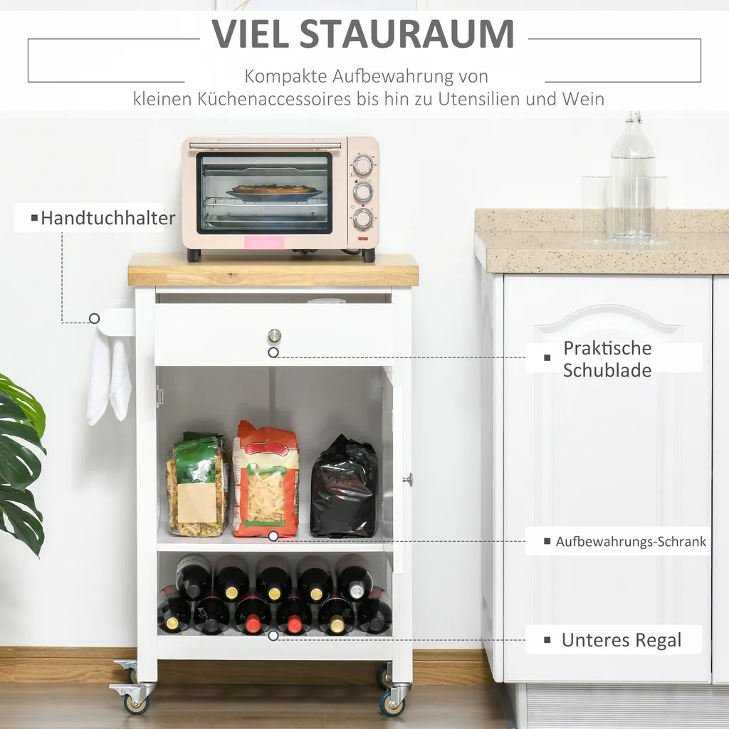 HOMCOM Küchenwagen Küchenrollwagen Servierwagen Mit Einer Schublade Geschlossenen Schrank Regalboden Und Handtuchhalter 4 Lenkrollen MDF Gummiholz Weiß+Eiche 63,5 X 40 X 90 Cm 4 HOMCOM Küchenwagen Küchenrollwagen Servierwagen Mit Einer Schublade Geschlossenen Schrank Regalboden Und Handtuchhalter 4 Lenkrollen MDF Gummiholz Weiß+Eiche 63,5 X 40 X 90 Cm – Bild 4
