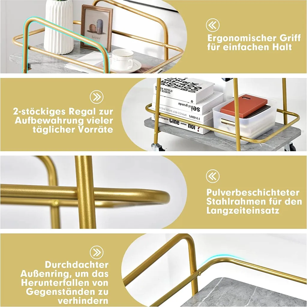 COSTWAY Küchenwagen Mit Universalrädern, Barwagen Rollwagen 2 Ablagen, Mobiler Servierwagen, Haushaltswagen Mit Stahlrahmen, Mehrzweckwagen Für Haus, Restaurant, Allzweckwagen Badwagen, Grau+Golden 5 COSTWAY Küchenwagen Mit Universalrädern, Barwagen Rollwagen 2 Ablagen, Mobiler Servierwagen, Haushaltswagen Mit Stahlrahmen, Mehrzweckwagen Für Haus, Restaurant, Allzweckwagen Badwagen, Grau+Golden – Bild 5