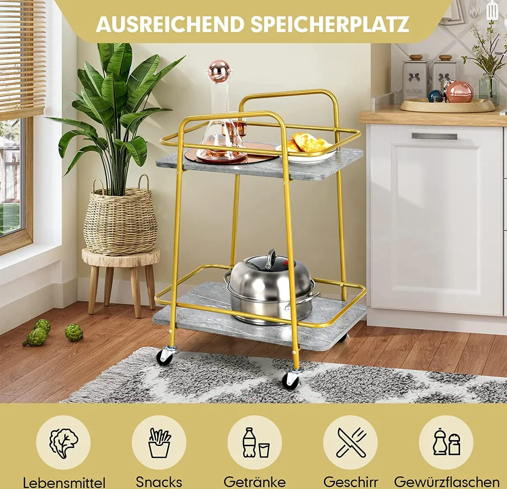 COSTWAY Küchenwagen Mit Universalrädern, Barwagen Rollwagen 2 Ablagen, Mobiler Servierwagen, Haushaltswagen Mit Stahlrahmen, Mehrzweckwagen Für Haus, Restaurant, Allzweckwagen Badwagen, Grau+Golden 3 COSTWAY Küchenwagen Mit Universalrädern, Barwagen Rollwagen 2 Ablagen, Mobiler Servierwagen, Haushaltswagen Mit Stahlrahmen, Mehrzweckwagen Für Haus, Restaurant, Allzweckwagen Badwagen, Grau+Golden – Bild 3