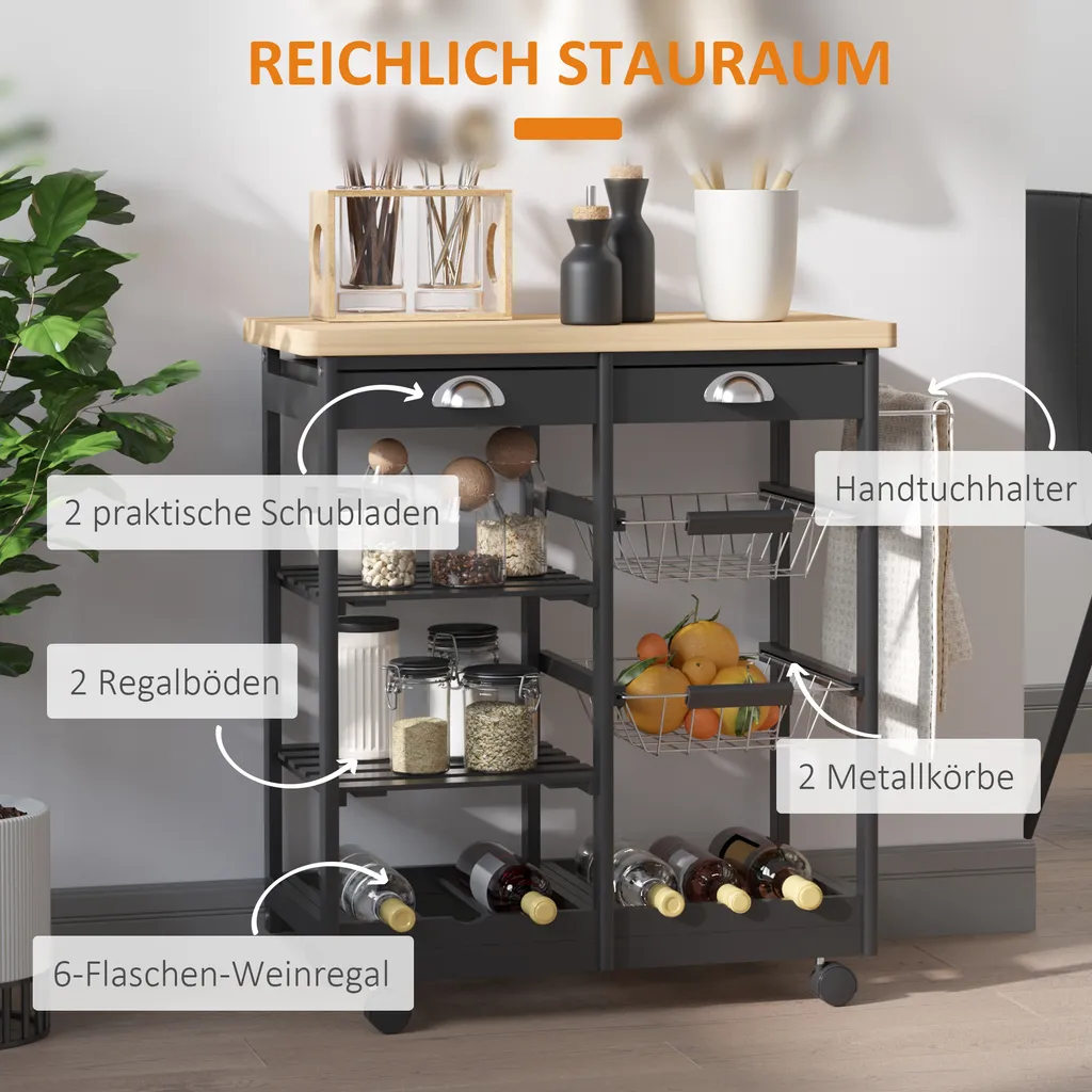 HOMCOM Küchenwagen Servierwagen Mit Ausziehbarem Korb Schublade Küchenrollwagen Weinablage Küchentrolley Holz Schwarz 74 X 37 X 76 Cm 4 HOMCOM Küchenwagen Servierwagen Mit Ausziehbarem Korb Schublade Küchenrollwagen Weinablage Küchentrolley Holz Schwarz 74 X 37 X 76 Cm – Bild 4