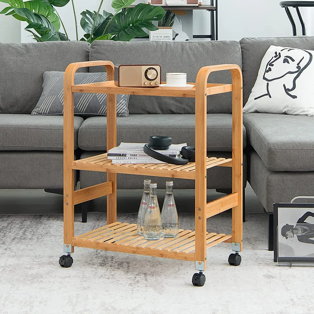COSTWAY Servierwagen Mit 3 Ablagen, Griffen & Abnehmbarem Rollen, Küchenwagen Bambus Auf Rädern, Mobiler Allzweckwagen Rollwagen Lagerregal Für Küche, Flur & Bad, 58 X 33 X 76 Cm 2 COSTWAY Servierwagen Mit 3 Ablagen, Griffen & Abnehmbarem Rollen, Küchenwagen Bambus Auf Rädern, Mobiler Allzweckwagen Rollwagen Lagerregal Für Küche, Flur & Bad, 58 X 33 X 76 Cm – Bild 2
