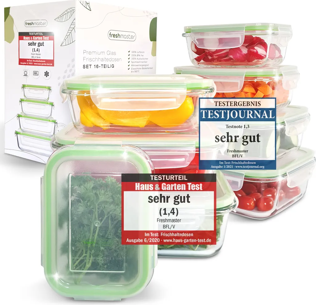 Fresh Master Frischhaltedosen Set 16-tlg. Borosililatglas, (2 X 370 Ml, 2 X 640 Ml, 2 X 1.050 Ml, 2 X 1.520 Ml Frischhaltedose Mit Deckel) 1 Fresh Master Frischhaltedosen Set 16-tlg. Borosililatglas, (2 X 370 Ml, 2 X 640 Ml, 2 X 1.050 Ml, 2 X 1.520 Ml Frischhaltedose Mit Deckel)
