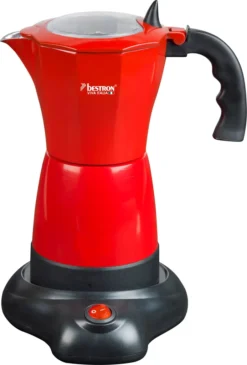 Bestron Elektrischer Espresso-Kocher Mit 360° Basis, Viva Italia, Für 6 Espressotassen: 180 Ml, 480 Watt, Aluminium, Farbe: Rot