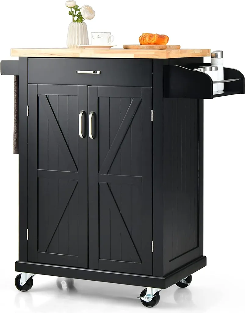 COSTWAY Küchenwagen Auf Rollen, Servierwagen Mit Arbeitsplatte & Handtuchhalter & Schublade & Gewürzregal, Kücheninsel Holz, Küchenschrank Rollbar, Für Küche, Esszimmer Und Bar (Schwarz) 1 COSTWAY Küchenwagen Auf Rollen, Servierwagen Mit Arbeitsplatte & Handtuchhalter & Schublade & Gewürzregal, Kücheninsel Holz, Küchenschrank Rollbar, Für Küche, Esszimmer Und Bar (Schwarz)