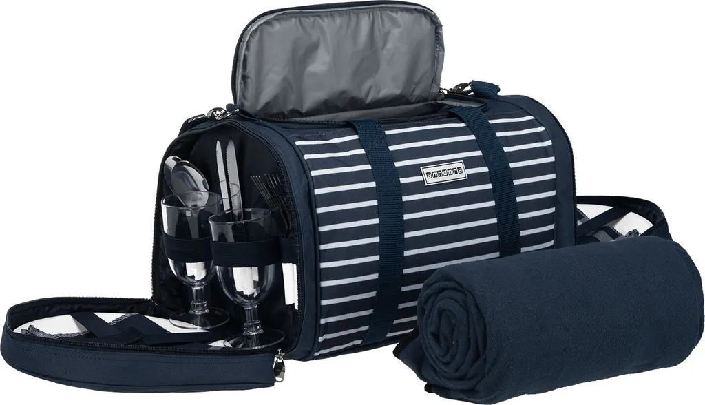 Anndora Picknick Kühltasche + Decke + Zubehör - Blau Weiß Gestreift - Blau 1 Anndora Picknick Kühltasche + Decke + Zubehör - Blau Weiß Gestreift - Blau