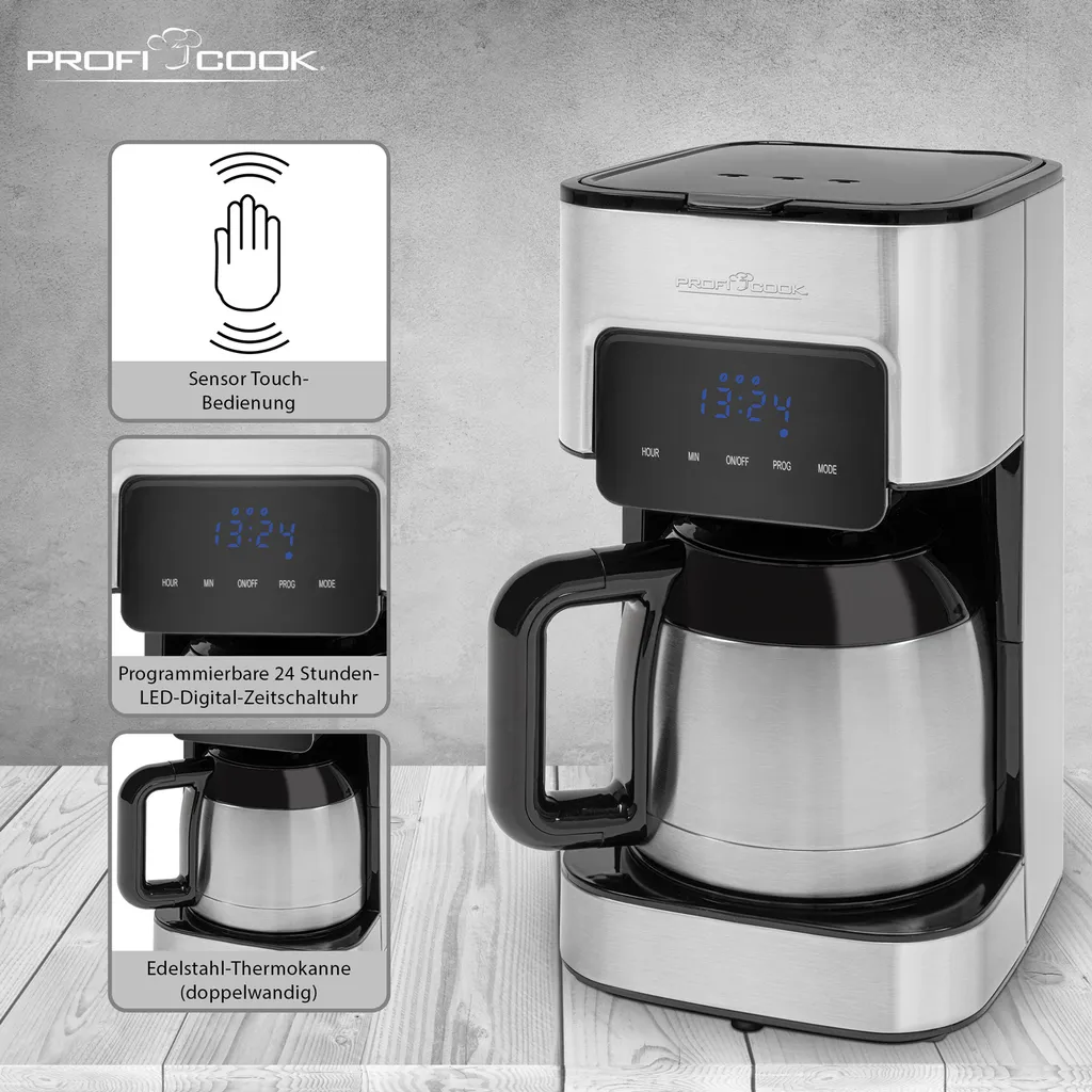 ProfiCook Kaffeeautomat PC-KA 1191 Für 8-10 Tassen, Elektronische Aromawahlfunktion, Sensor Touch-Bedienung, Edelstahl-Thermokanne (doppelwandig) 2 ProfiCook Kaffeeautomat PC-KA 1191 Für 8-10 Tassen, Elektronische Aromawahlfunktion, Sensor Touch-Bedienung, Edelstahl-Thermokanne (doppelwandig) – Bild 2