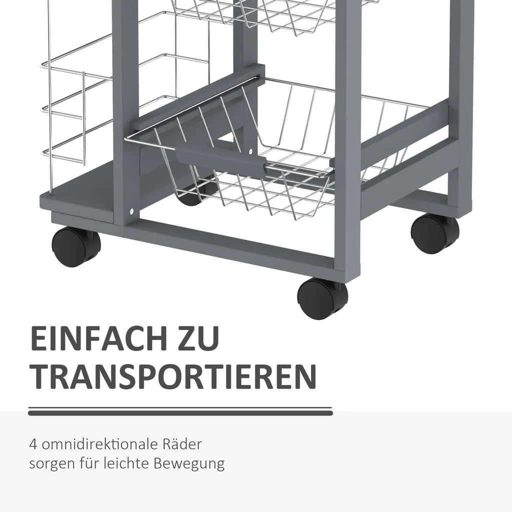 HOMCOM Küchenwagen Auf Rädern, Rollwagen Mit 2 Regalen, Servierwagen, Bastelwagen Mit Arbeitsplatte Und Gewürzregal, Rollregal Für Küche, Esszimmer, Kiefernholz, Grau, 47 X 37 X 83 Cm 10 HOMCOM Küchenwagen Auf Rädern, Rollwagen Mit 2 Regalen, Servierwagen, Bastelwagen Mit Arbeitsplatte Und Gewürzregal, Rollregal Für Küche, Esszimmer, Kiefernholz, Grau, 47 X 37 X 83 Cm – Bild 10