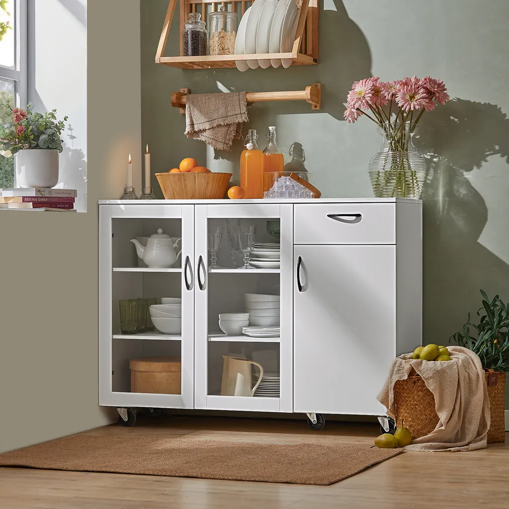 SoBuy FSB57-W Sideboard Auf Rollen Küchenwagen Küchenschrank Rollwagen Aufbewahrungsschrank Küchekommode Küchentrolley Weiß BHT Ca.: 116x86x40cm 1 SoBuy FSB57-W Sideboard Auf Rollen Küchenwagen Küchenschrank Rollwagen Aufbewahrungsschrank Küchekommode Küchentrolley Weiß BHT Ca.: 116x86x40cm