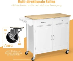 COSTWAY Rollende Kücheninsel Aus Gummiholz, Küchenwagen Mit Handtuchhalter & Verstellbarem Regal & Schubladen, Servierwagen Mit Arbeitsplatte Für Küche, Esszimmer & Bar (Weiß) -Küche Produkt Geschäft d8ed4498d997866246f55735f906fe28