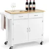 COSTWAY Rollende Kücheninsel Aus Gummiholz, Küchenwagen Mit Handtuchhalter & Verstellbarem Regal & Schubladen, Servierwagen Mit Arbeitsplatte Für Küche, Esszimmer & Bar (Weiß)