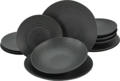 CreaTable 23205 Tafelservice Elements Collection Lava Stone Für 4 Personen, Steinzeug, Schwarz/grau (1 Set, 12-teilig)