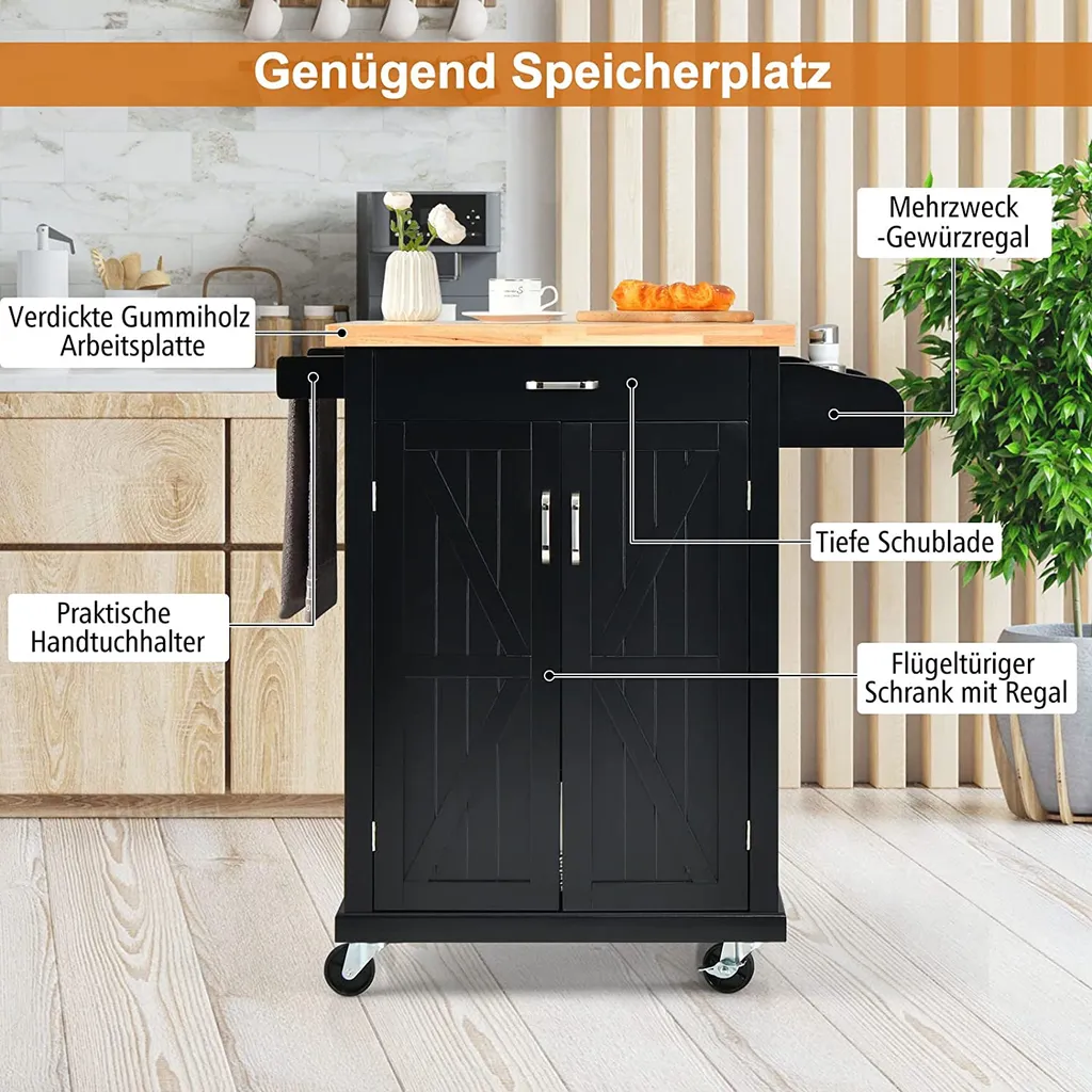 COSTWAY Küchenwagen Auf Rollen, Servierwagen Mit Arbeitsplatte & Handtuchhalter & Schublade & Gewürzregal, Kücheninsel Holz, Küchenschrank Rollbar, Für Küche, Esszimmer Und Bar (Schwarz) 2 COSTWAY Küchenwagen Auf Rollen, Servierwagen Mit Arbeitsplatte & Handtuchhalter & Schublade & Gewürzregal, Kücheninsel Holz, Küchenschrank Rollbar, Für Küche, Esszimmer Und Bar (Schwarz) – Bild 2