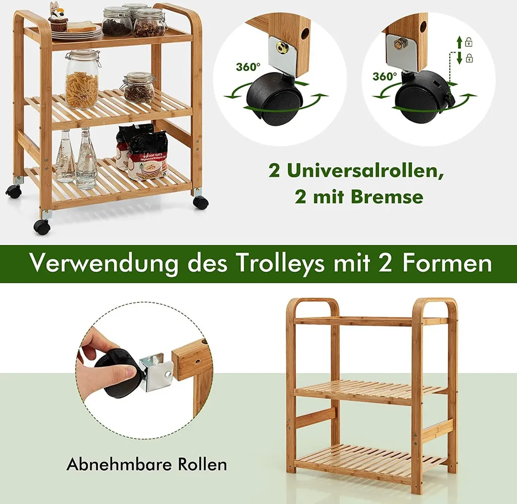 COSTWAY Servierwagen Mit 3 Ablagen, Griffen & Abnehmbarem Rollen, Küchenwagen Bambus Auf Rädern, Mobiler Allzweckwagen Rollwagen Lagerregal Für Küche, Flur & Bad, 58 X 33 X 76 Cm 4 COSTWAY Servierwagen Mit 3 Ablagen, Griffen & Abnehmbarem Rollen, Küchenwagen Bambus Auf Rädern, Mobiler Allzweckwagen Rollwagen Lagerregal Für Küche, Flur & Bad, 58 X 33 X 76 Cm – Bild 4