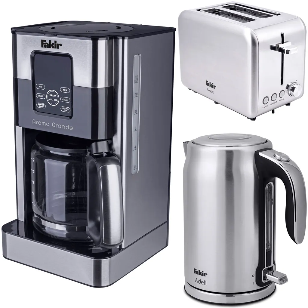 Fakir Frühstück-Set Bestehend Aus Aroma Grande Kaffeemaschine, Adell Wasserkocher, Calypso Toaster, Edelstahl 1 Fakir Frühstück-Set Bestehend Aus Aroma Grande Kaffeemaschine, Adell Wasserkocher, Calypso Toaster, Edelstahl