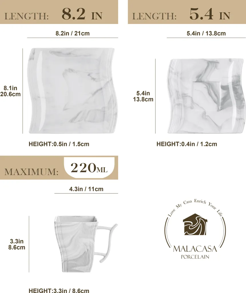 MALACASA, Serie Flora, 36 Tlg. Marmor Porzellan Kaffeeservice Geschirrset Mit 12 Kuchenteller, 12 Tasse 220ml, 12 Untertasse Für 12 Personen 2 MALACASA, Serie Flora, 36 Tlg. Marmor Porzellan Kaffeeservice Geschirrset Mit 12 Kuchenteller, 12 Tasse 220ml, 12 Untertasse Für 12 Personen – Bild 2