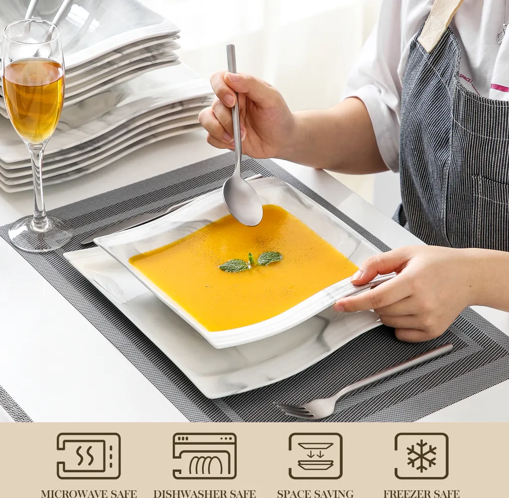 MALACASA, Serie Flora, Marmor Porzellan Tafelservice 24 Teiligen Set Kombiservice Geschirrset Mit 12 Speiseteller Und 12 Suppenteller Für 12 Personen 3 MALACASA, Serie Flora, Marmor Porzellan Tafelservice 24 Teiligen Set Kombiservice Geschirrset Mit 12 Speiseteller Und 12 Suppenteller Für 12 Personen – Bild 3